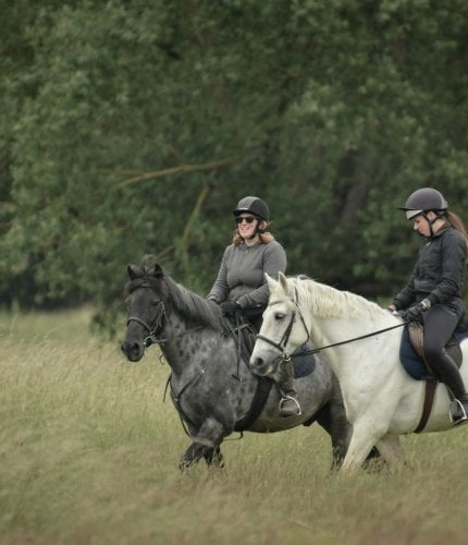New Forest Escapes Two women riding horses through a field