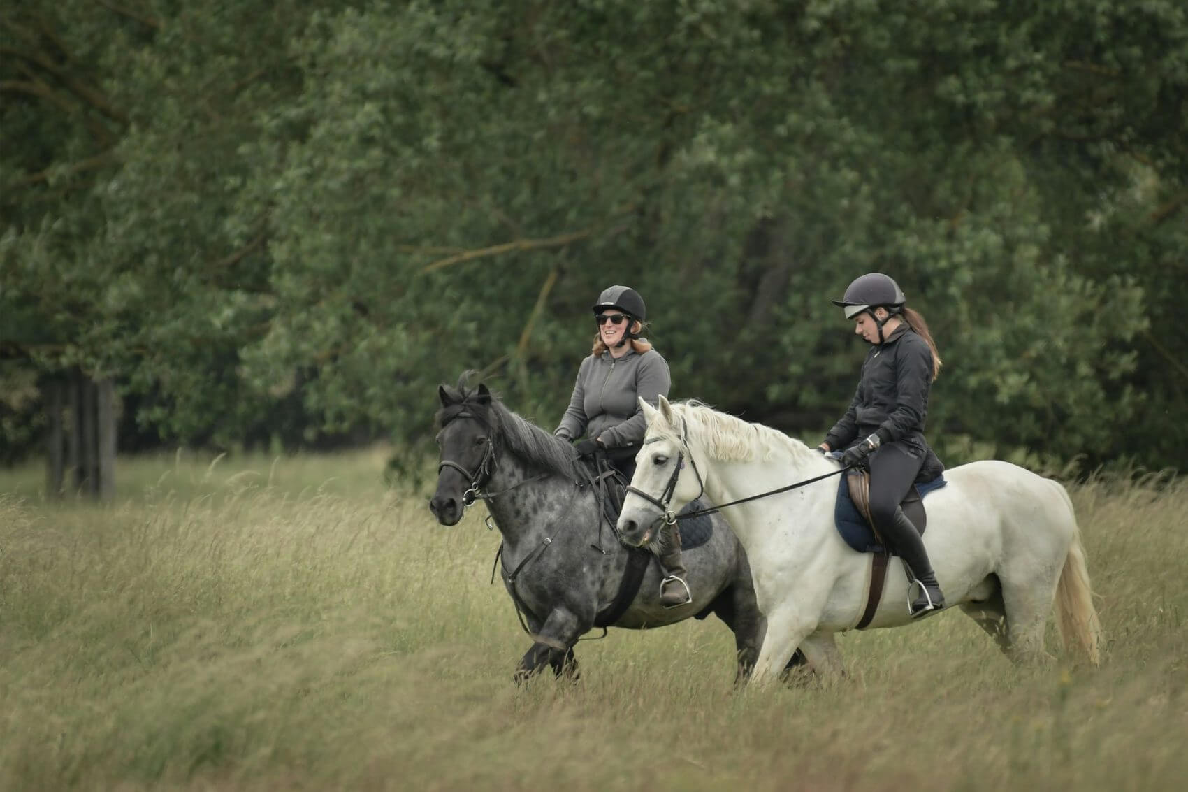 Two women riding horses through a field
